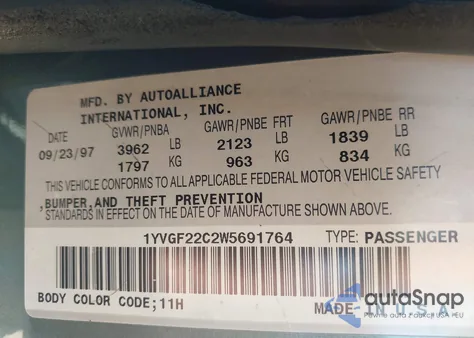 1998 Mazda 626 Dx/Lx from USA, damaged, VIN 1YVGF22C2W5691764